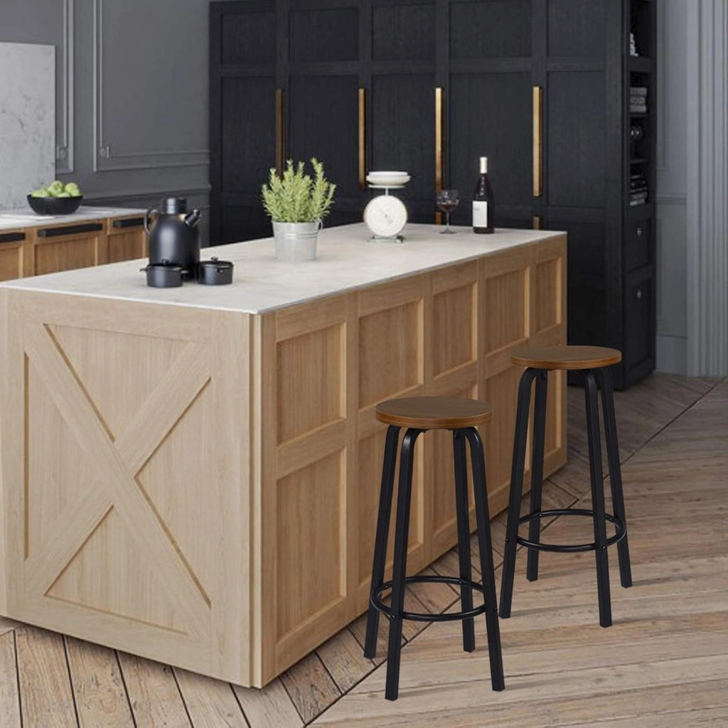 Sgabelli da Bar con Poggiapiedi Seduta Tonda Alta Sedia per Cucina Ristorante in Acciaio e Legno, Set di 4, Faggio scuro, BH237dc-4
