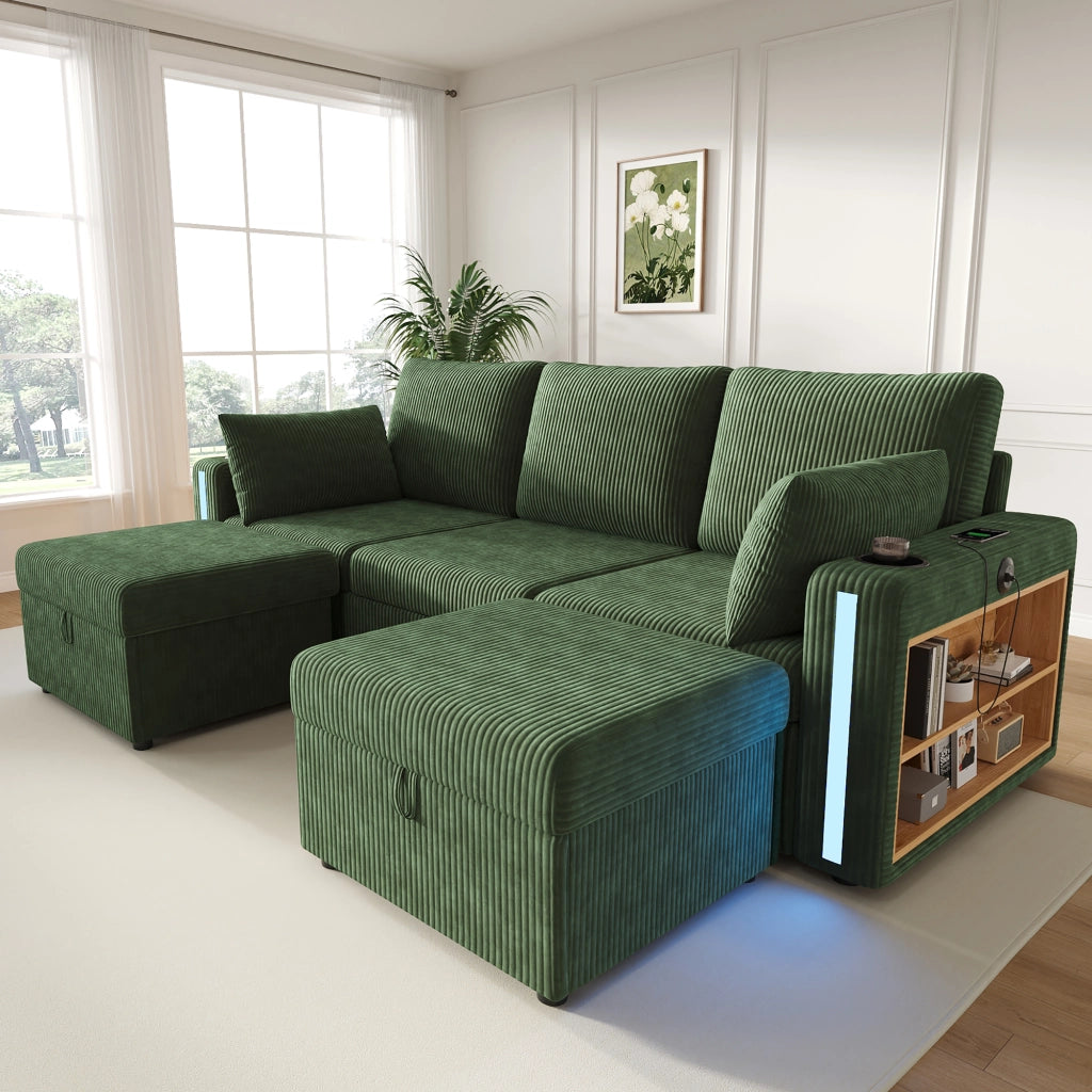 Divano modulare a U e L con contenitore; LED; USB e schienali - in velluto a coste - verde