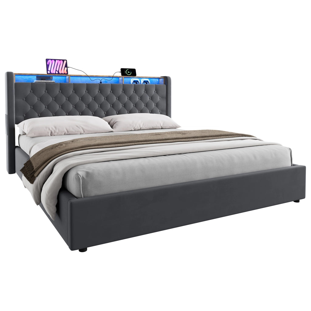 LETTO Imbottito 180 x 200 cm in Velluto Grigio Scuro con Contenitore