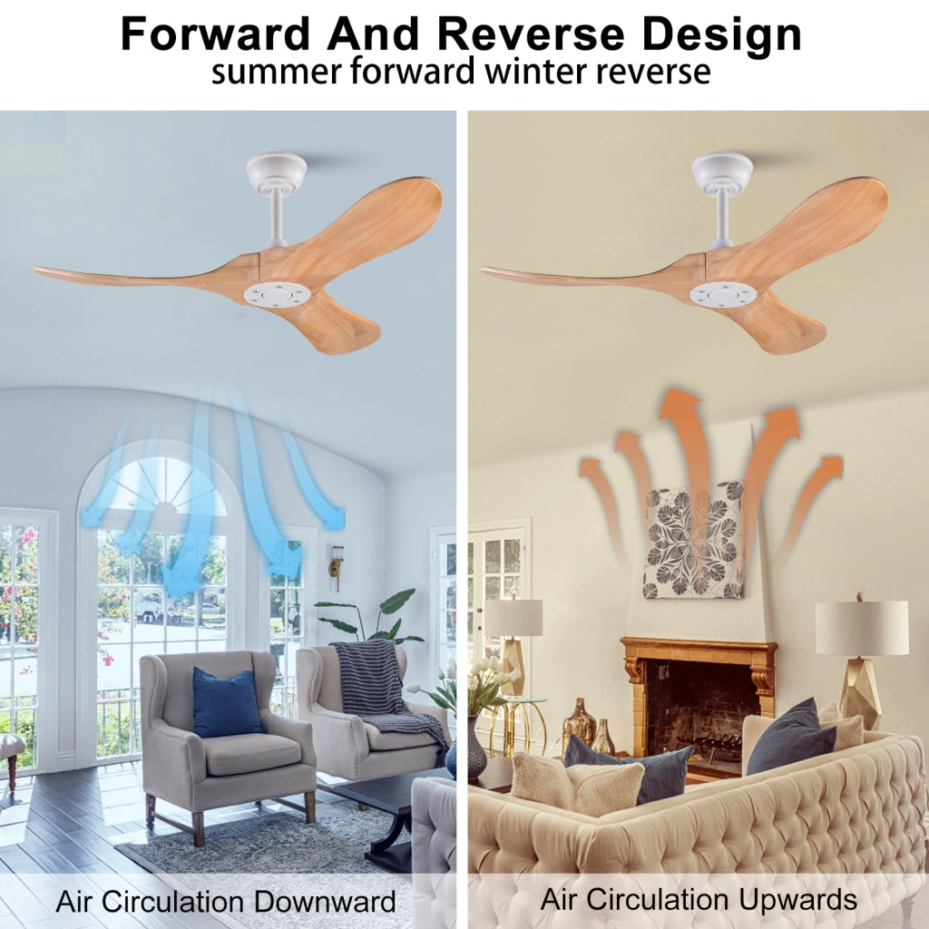 Ventilatore da soffitto in legno con telecomando; motore DC silenzioso; 6 velocità; bianco e naturale