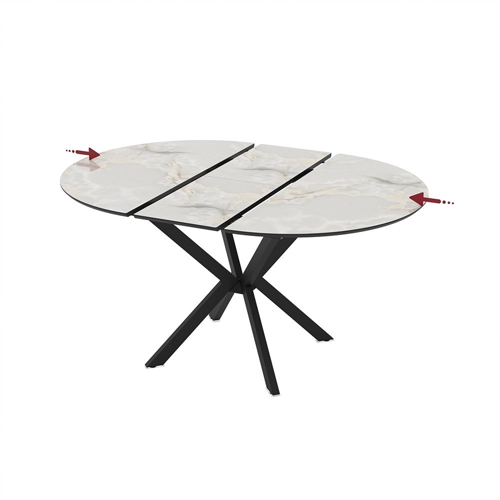 Tavolo rotondo allungabile Diano effetto marmo bianco mola con gambe nere in metallo 110x110x76H