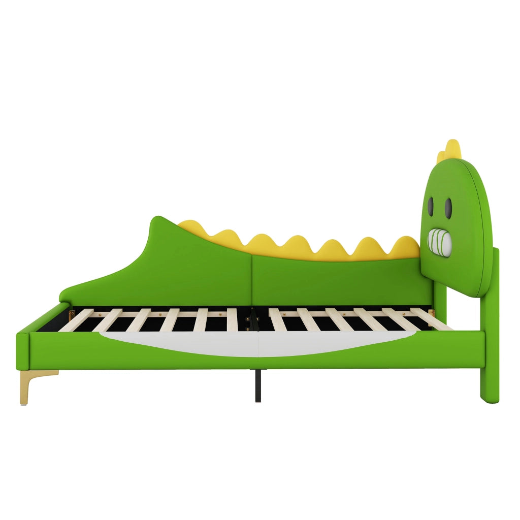 Letto a terra per bambini verde con testata a forma di dinosauro in PU 90x200 cm