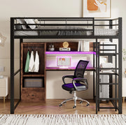 Letto a soppalco 140x200 cm nero con scrivania, LED, cassetto e ripiani