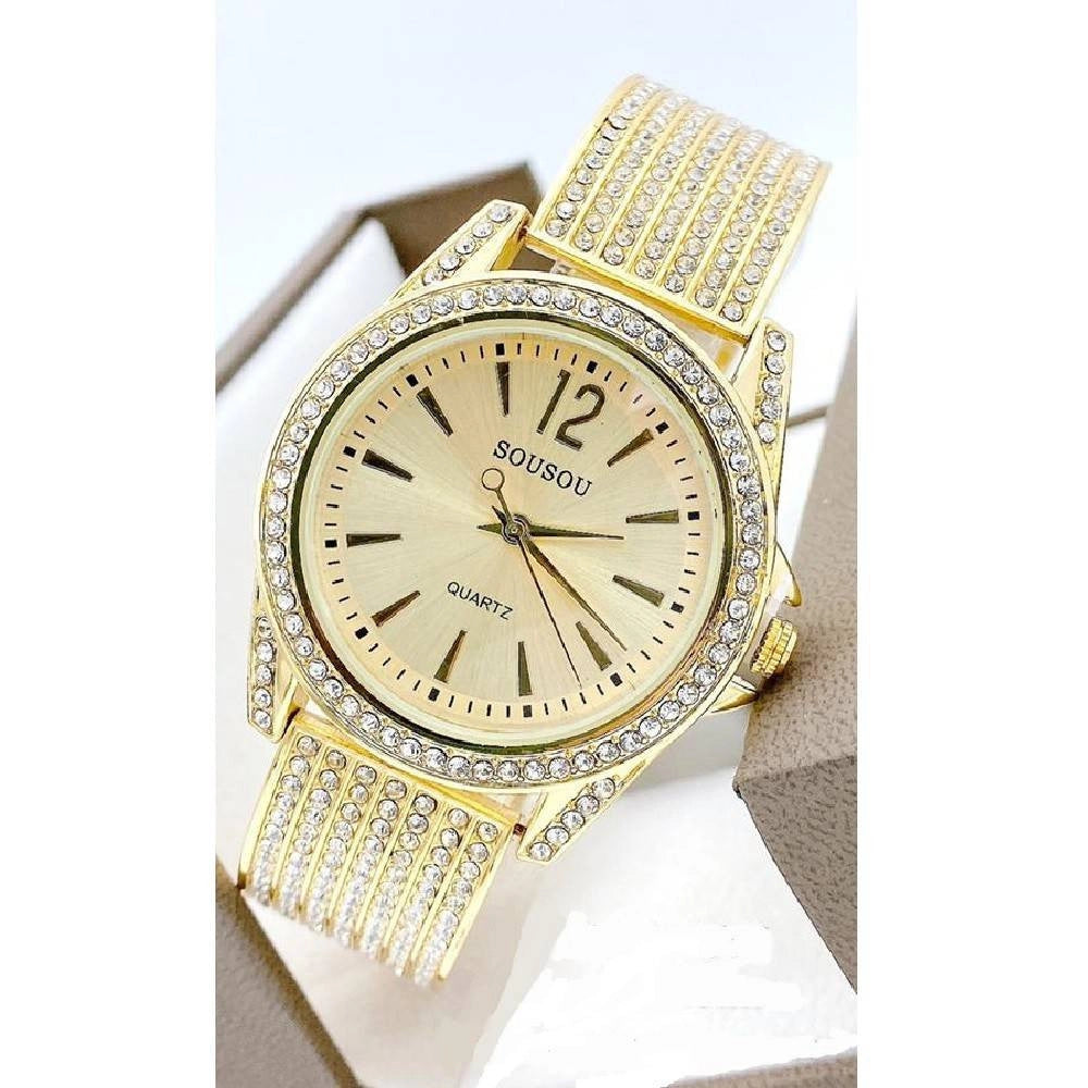 Trade Shop - Orologio Polso Sousou 6733 Donna Quarzo Acciaio Moda Brillantini Dorato Fondo Oro -