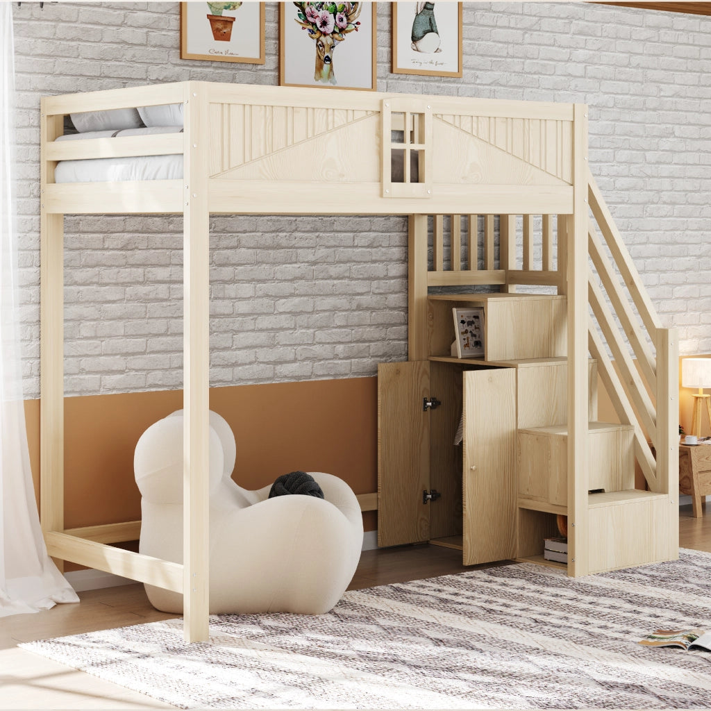 Letto a Soppalco Singolo con Contenitore Laterale; Scala Reversibile e Finestra 90 x 200 cm; senza Materasso
