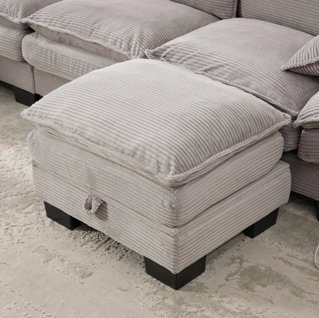 Divano 2 posti in velluto a coste con pouf contenitore; USB-C e tasche laterali; grigio chiaro