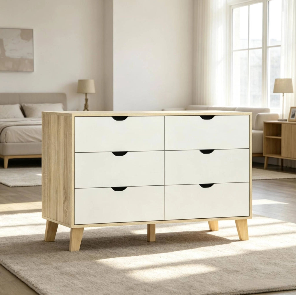 Comò contenitore bianco e rovere 120x40x76 cm con 6 cassetti e gambe in legno