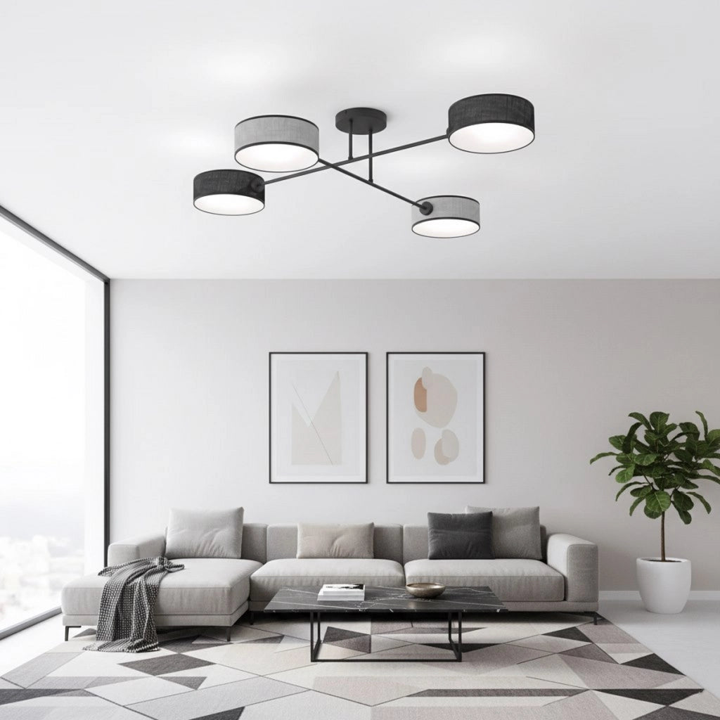 Lampada a sospensione MAGA con quattro bracci e paralumi in tessuto