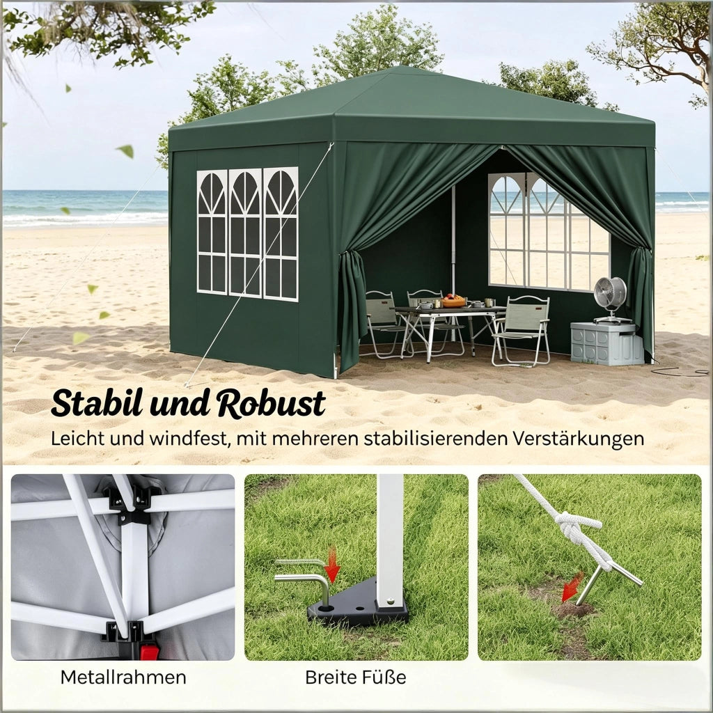 Gazebo Da Giardino 3x3 M In Ferro E Tessuto Oxford Verde Con Tetto Impermeabile Pieghevole