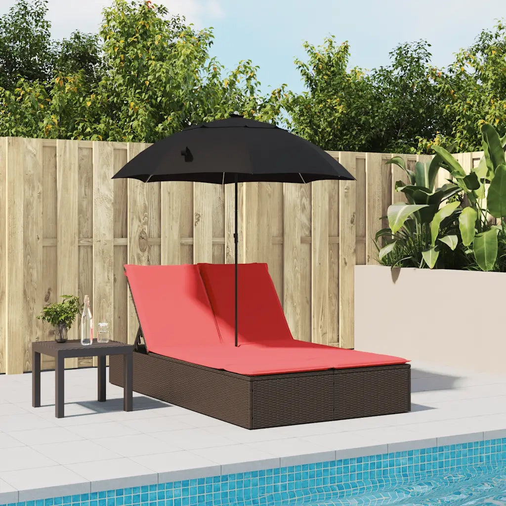 Lettino Prendisole Doppio Cuscini e Parasole Marrone Polyrattan 368087