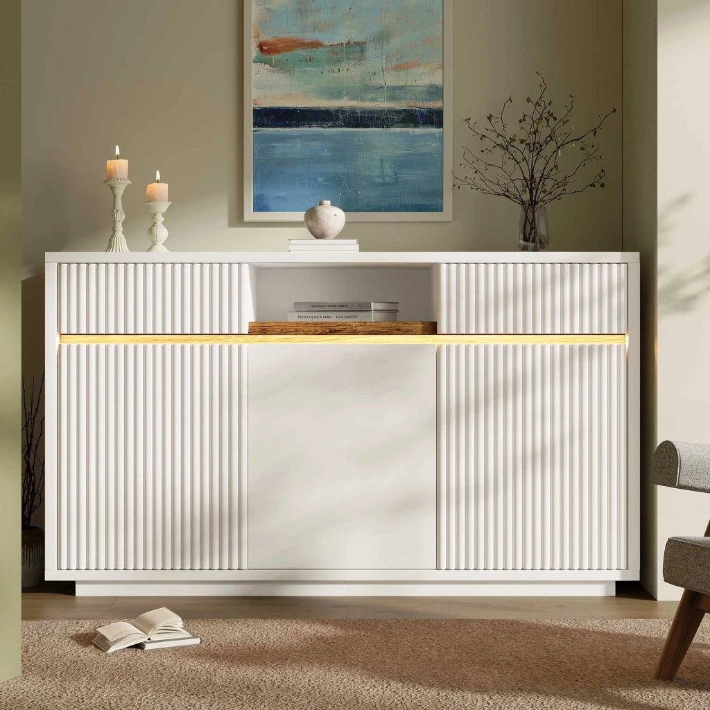 Credenza LED 140x40x85 cm bianca con 3 ante; 2 cassetti e ripiani regolabili