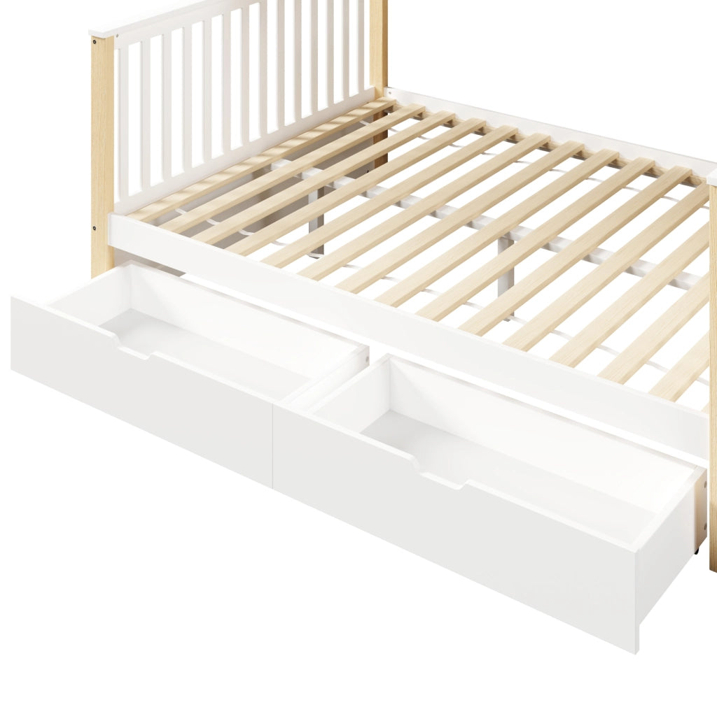 Letto a castello per bambini 90x200 e 140x200 cm in pino; bianco e naturale; con cassetti