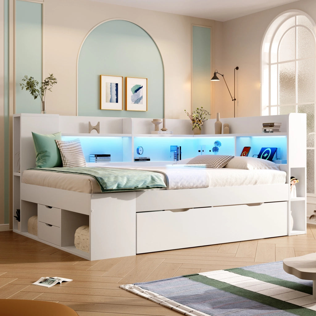 Letto matrimoniale 140×200 cm con USB; Type-C; LED; ripiani; cassetti e materasso incluso; bianco