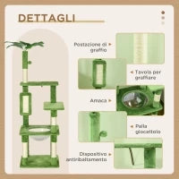 Albero per Gatti Multilivello con Amaca, Tiragraffi, Pallina e Foglie Decorative, 49x49x142 cm, Verde