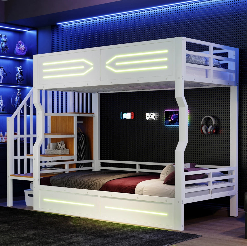 Letto a castello 90x200 cm con scala contenitore; LED e struttura in metallo; bianco