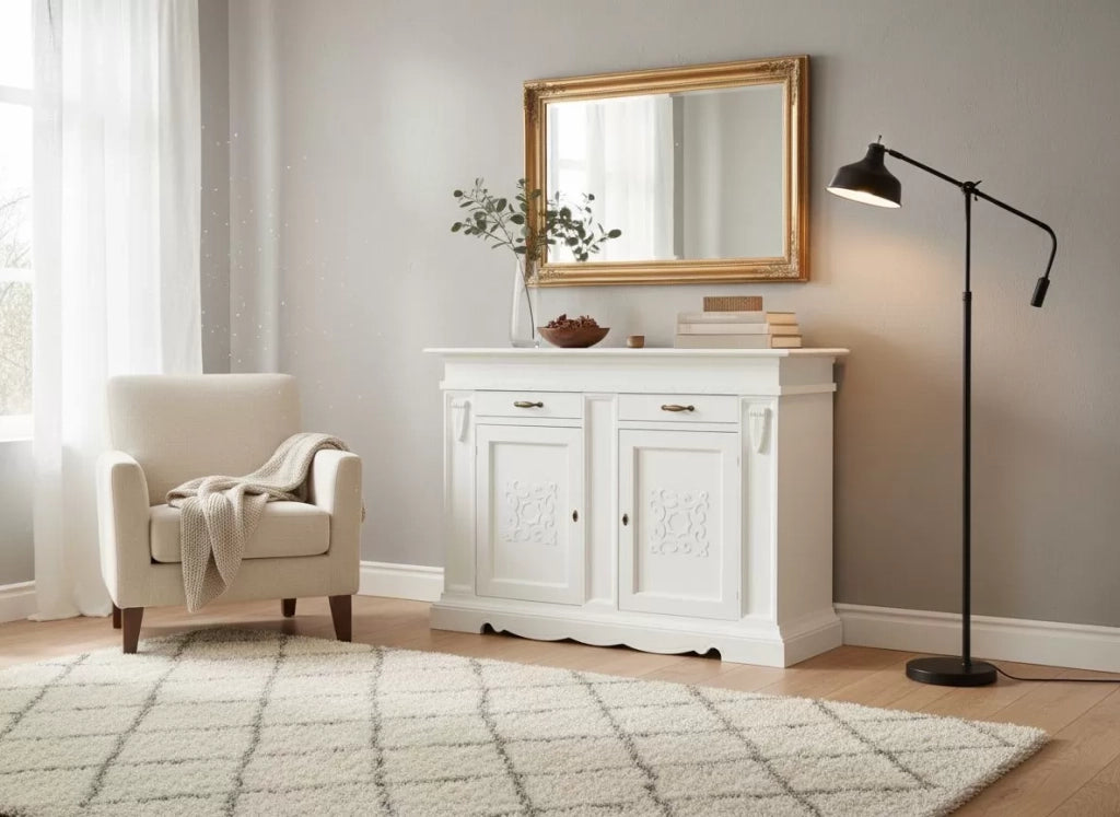 Credenza legno 2 porte 2 cassetti legno shabby bianco 170x55x123 - Mobili 2G
