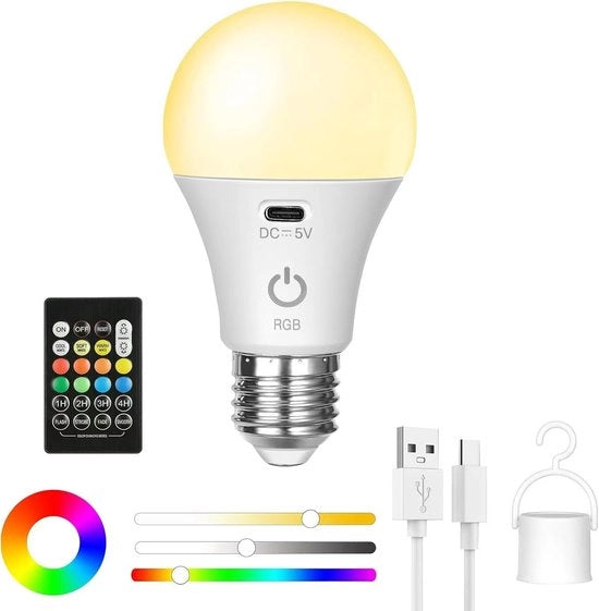 Lampada a LED RGB con caricatore ricaricabile e telecomando (E27) - Lampada da parete (telecomando compatta)