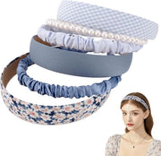 Set di 6 fascette per donne con fiori, perle e seta in colori puri - Moda capellina per donne e ragazze - Blu