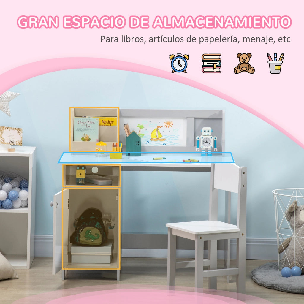 Scrivania per Bambini con Sedia, Organizzatore e Lavagna ¨C Zephmum ¨C Grigio, Legno, 90x45x85 cm