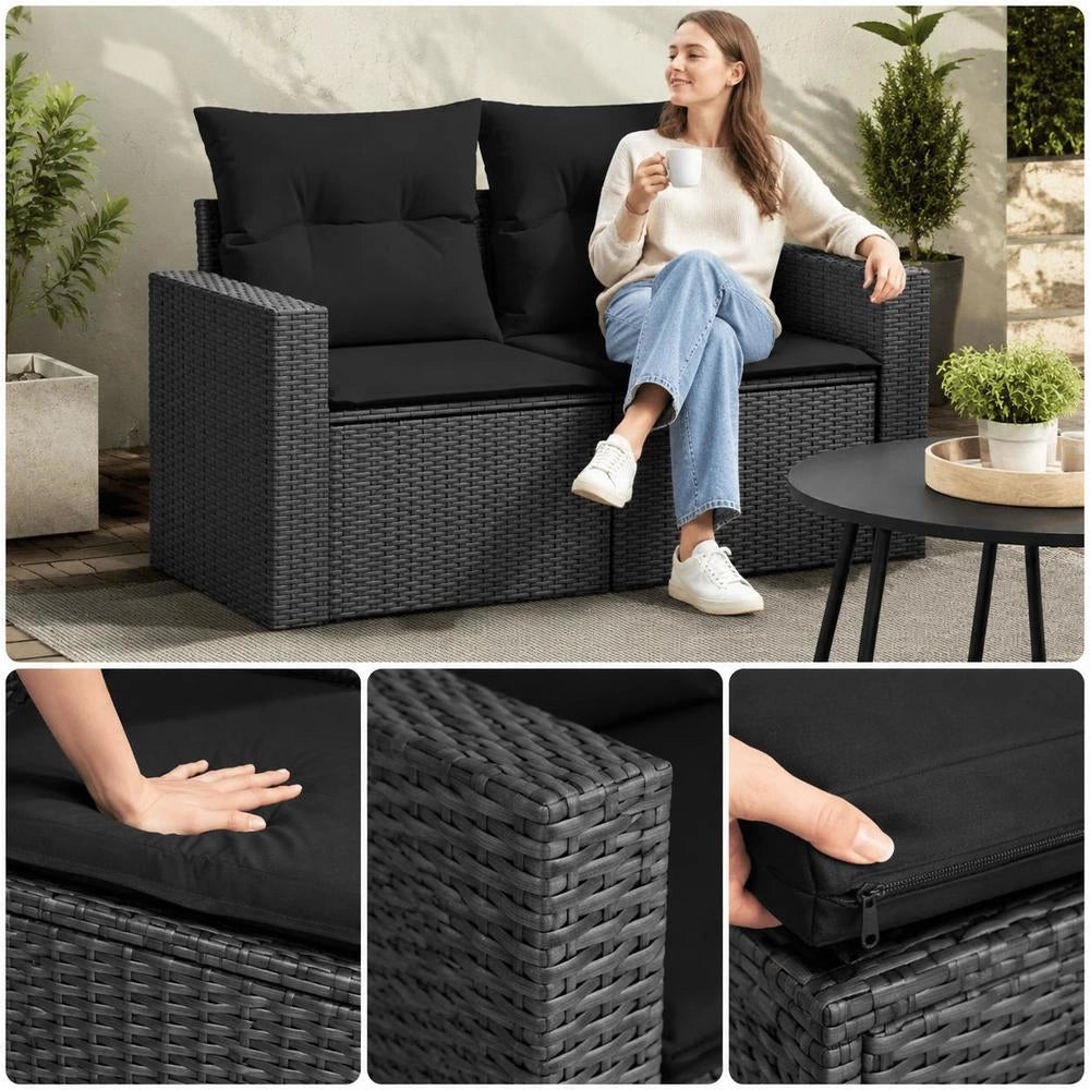Garden Sofa With Cushions 2-seater Black Poly Rattan