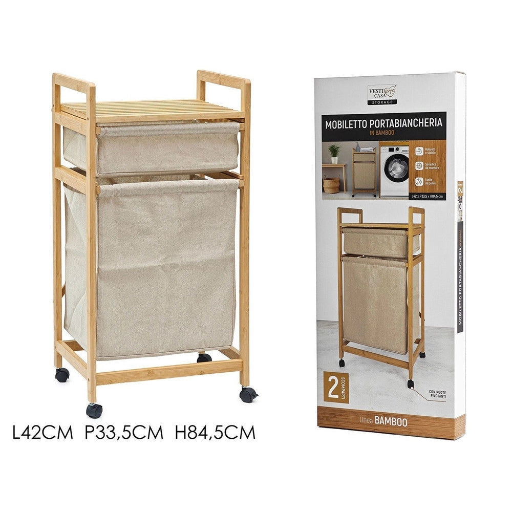 Trade Shop - Mobiletto Cesto Portabiancheria In Bambù Tessuto 42x33,5x84,5cm A 2 Scomparti Con Ruote -