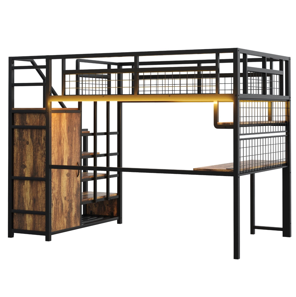 Letto a soppalco 140x200 cm con scrivania, scala contenitore e armadio in MDF e metallo nero