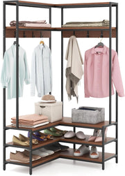 Stand Appendiabiti Angolare, Appendiabiti a Forma L con Ripiani Aperti 7 Ganci e Panca per Scarpe, Struttura in Metallo e Piedini Regolabili, 90x90x178 cm (Marrone)