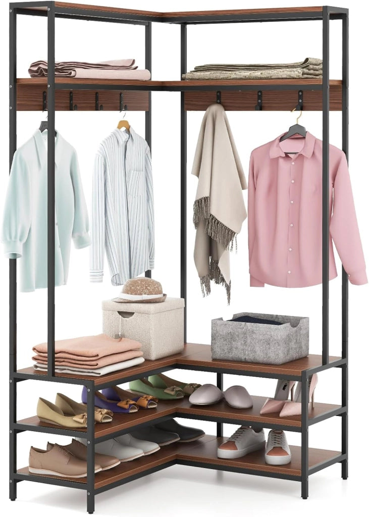 Stand Appendiabiti Angolare, Appendiabiti a Forma L con Ripiani Aperti 7 Ganci e Panca per Scarpe, Struttura in Metallo e Piedini Regolabili, 90x90x178 cm (Marrone)