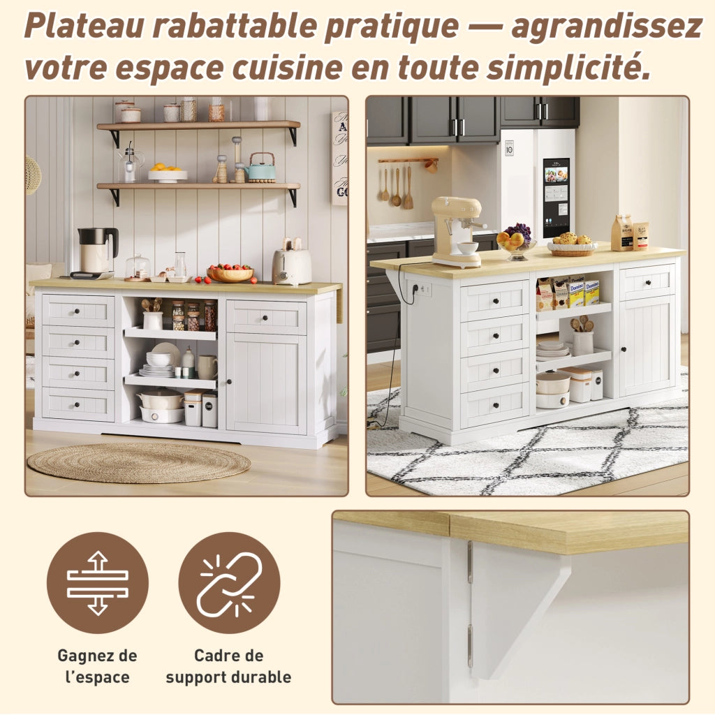 Isola cucina 150x65x75;5 cm in MDF bianco naturale con 5 cassetti e prese USB