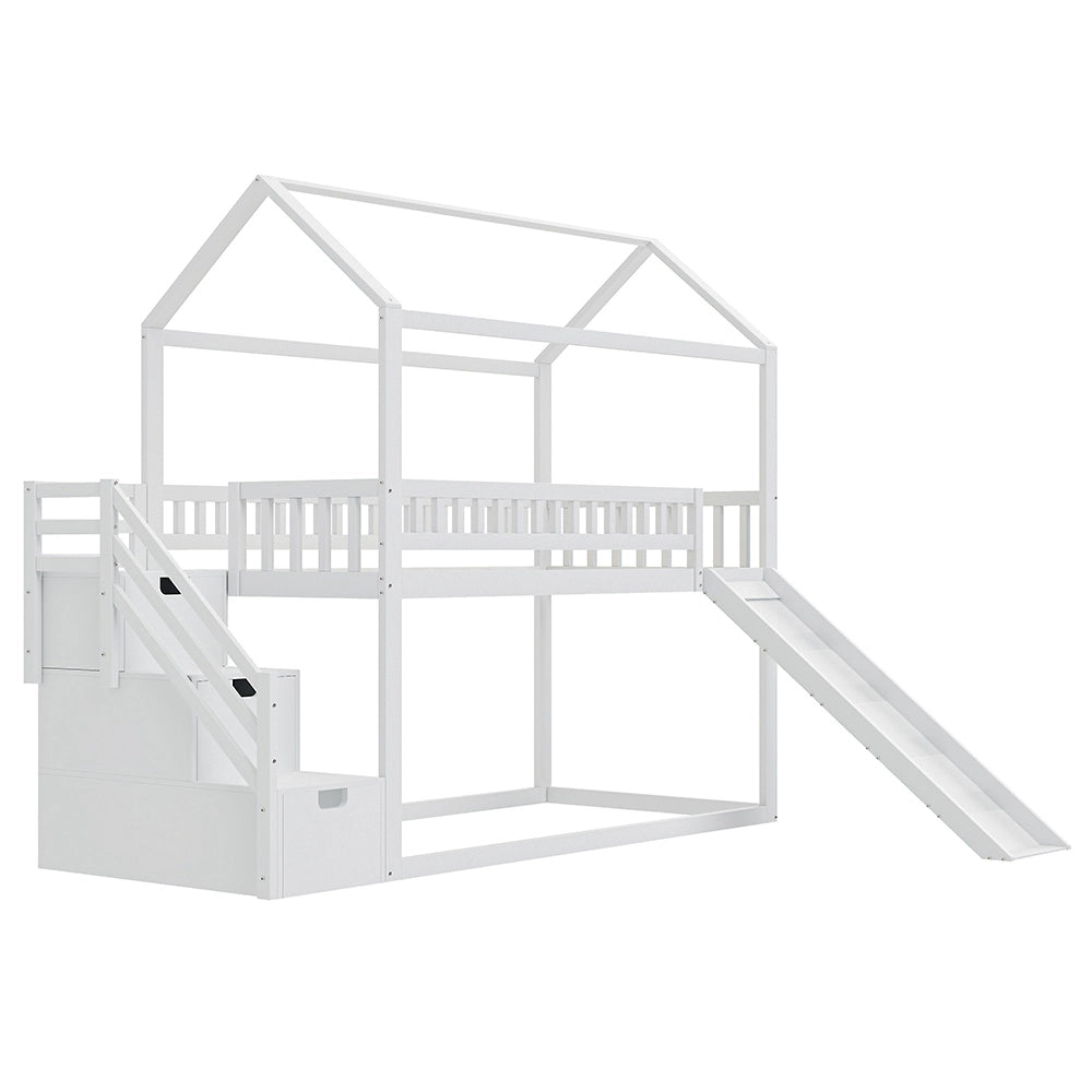 Letto a castello per bambini con scivolo - Xylo - 90x200 cm - Bianco - Scala di stoccaggio