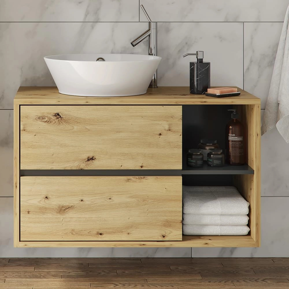 Mobiletto per lavabo Viola, Rovere artigianale, 100 x 60 cm, con intaglio per sifone e ripiani aperti per montaggio a parete