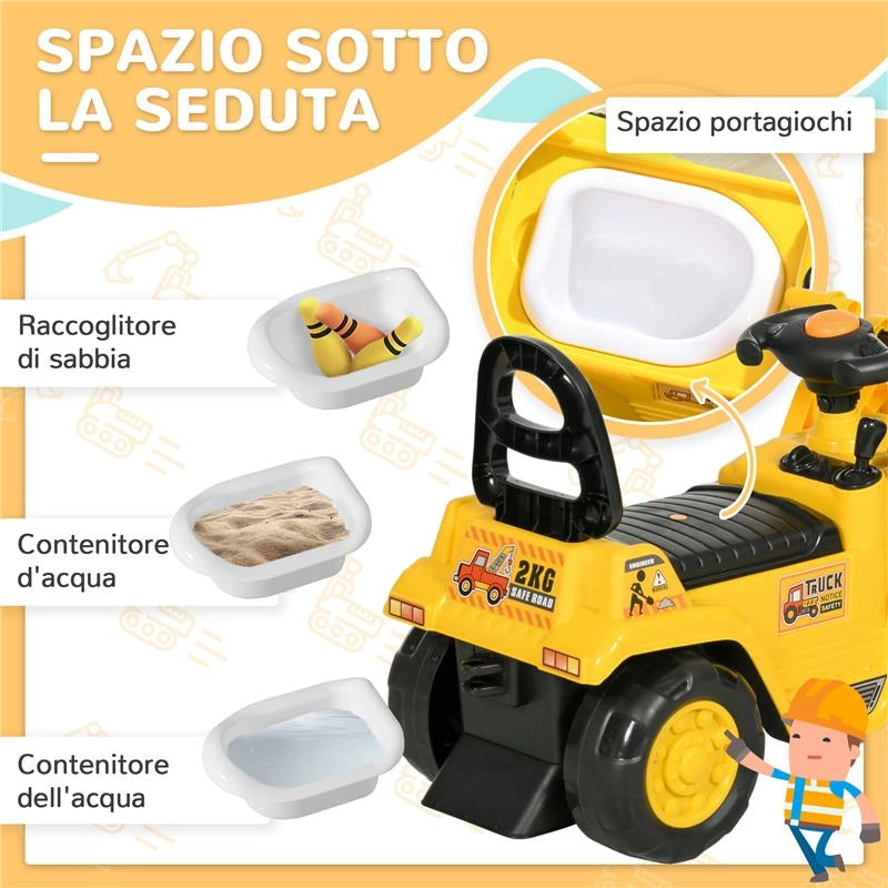 ESCAVATORE PER BAMBINI CON BENNA E SPAZIO CONTENITORE A SCOMPARSA, IN PP E ABS, 80X26.5X39 CM, GIALLO E NERO
