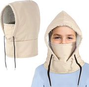 Muta calda per bambini, inverno, impermeabile all'acqua, fleece, muta, maschera respiratoria, impermeabile al vento, calda, cappuccio regolabile, muta con maschera facciale, sciarpa per sci, escursioni - beige