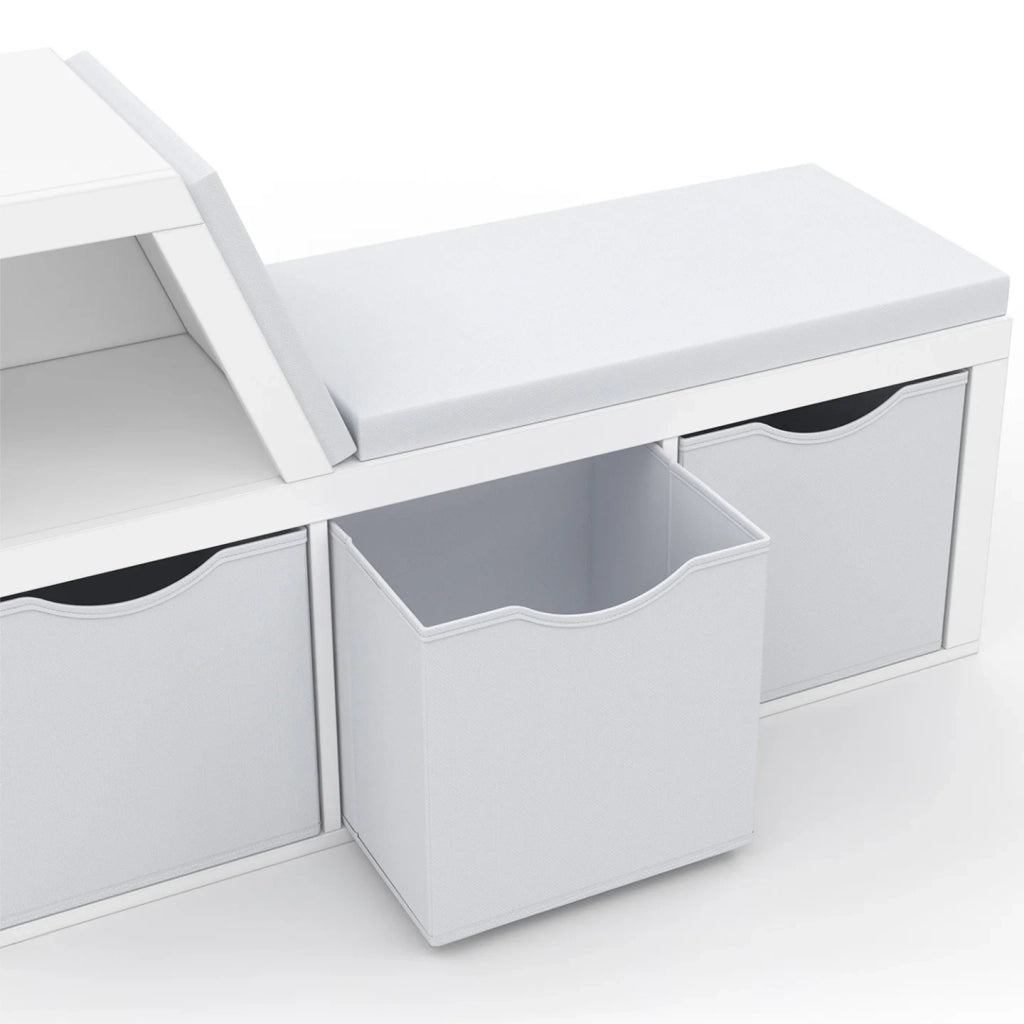 IDMarket - Panca libreria OSCAR 4 scomparti con cuscini grigi e vassoi in tessuto 102 cm bianco
