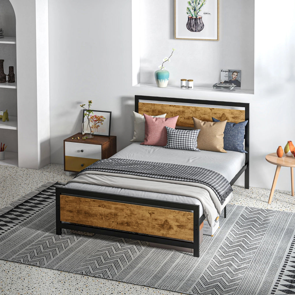 Letto Singolo e Mezzo in Legno e Acciaio con Doghe Stile Industriale ¨C zephmum ¨C 140x200 cm