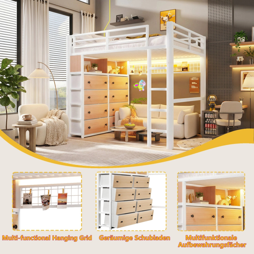 DESMIU Letto a soppalco 140 × 200 cm 2 posti con 8 cassetti, ripiani e LED, senza materasso, bianco