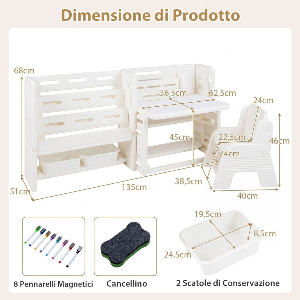 Set Tavolo e Sedia per Bambini 3+ Anni, Tavolino per Bambini con Scaffali Laterali e Cestini Portaoggetti, Piano Inclinabile e Lavagna Cancellabile, Tavolino e Sedie per Cameretta Ragazzi