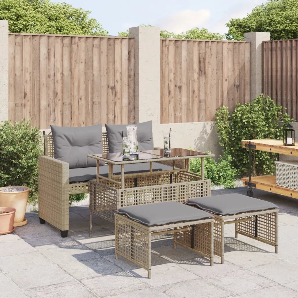 Set Divano da Giardino 4 pz | Set Salotto da Giardino con Cuscini Beige Polyrattan Vetro
