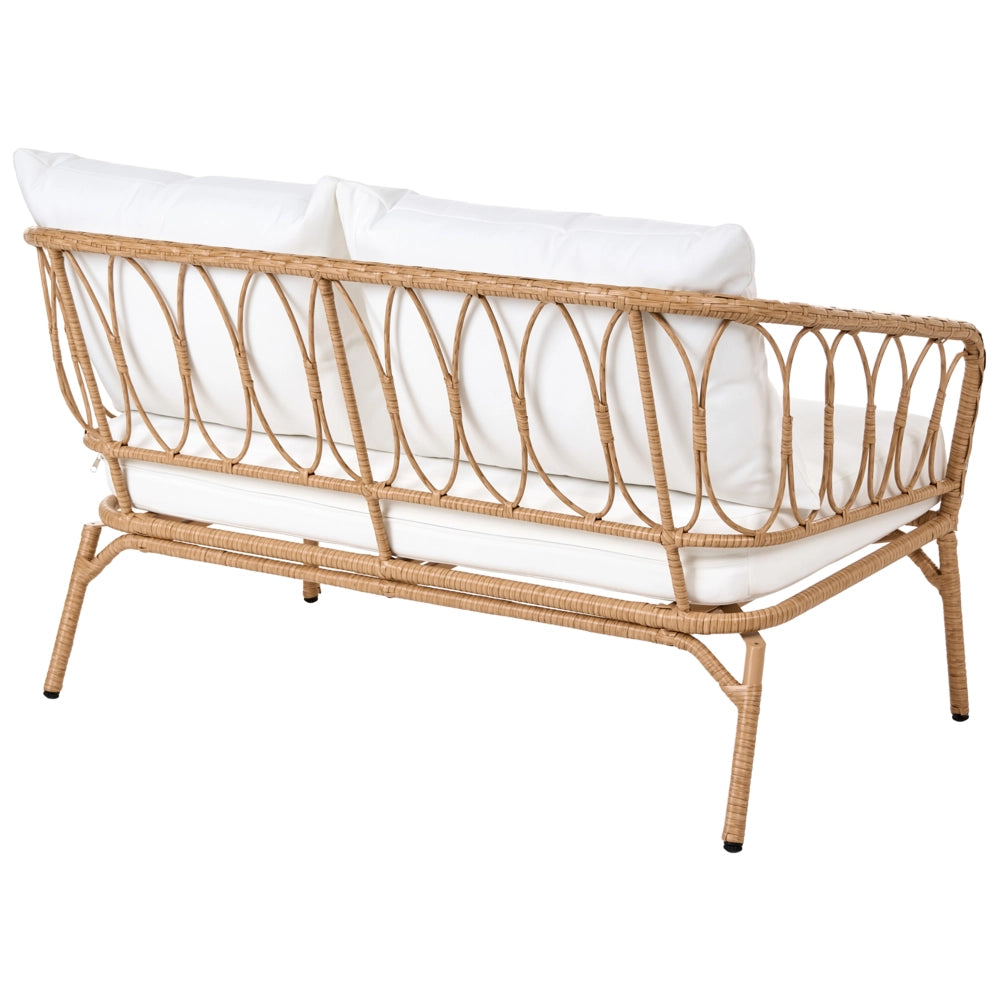 Divano da Giardino con Panca in Rattan PE Marrone Chiaro 2 Posti Struttura in Acciaio e Gambe in Metallo Cuscini Bianco Sporco Arredo da Esterno