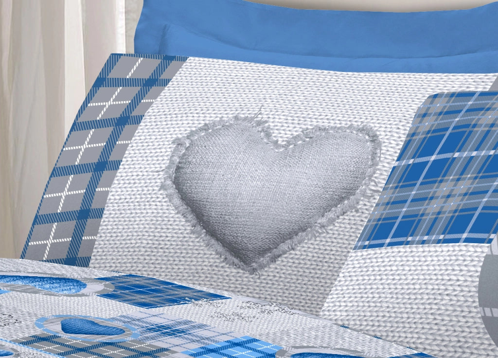 Completo Lenzuola Linea Pensieri Delicati 100% Cotone Disegno Love Mountain - Piazza E Mezza - Blu