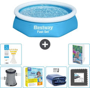 Piscina Opblaasbar Rond Fast Set - 244 x 61 cm - Blu - Inclusa Pompa Kit Manutenzione - Velatura Solare - Piastrelle - 7 Pezzi