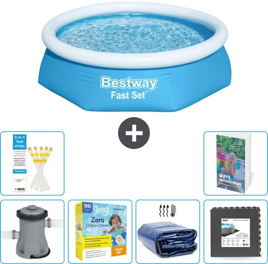 Piscina Opblaasbar Rond Fast Set - 244 x 61 cm - Blu - Inclusa Pompa Kit Manutenzione - Velatura Solare - Piastrelle - 7 Pezzi