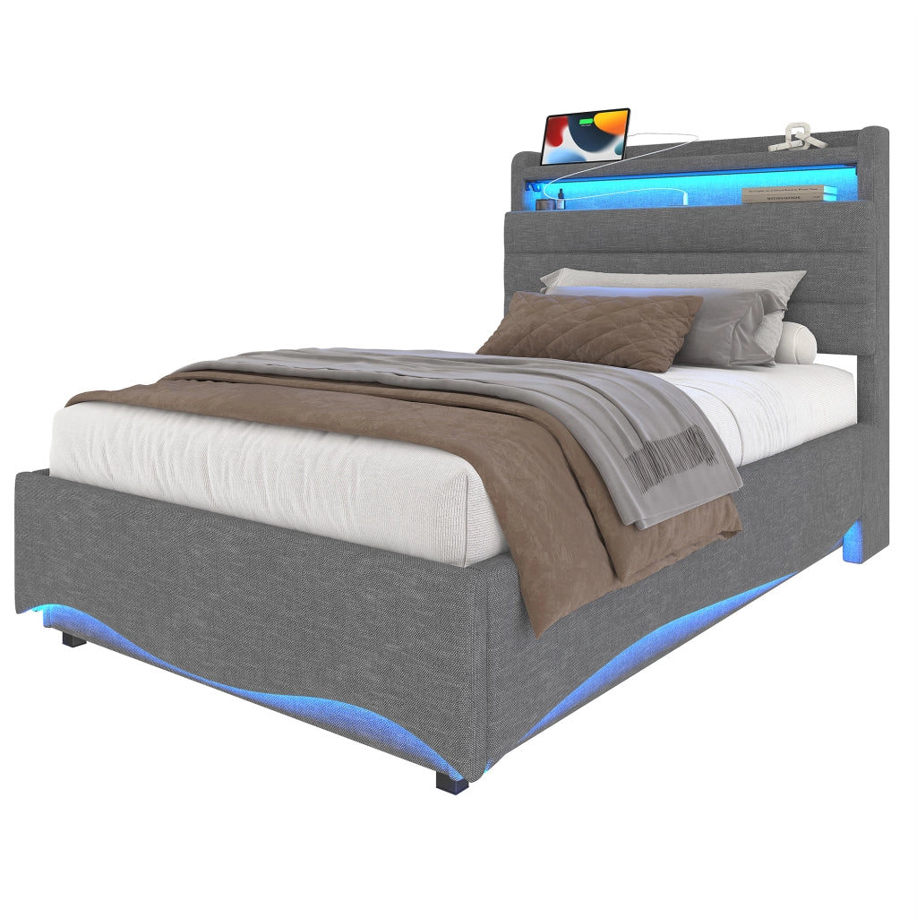 Letto Contenitore 90x200 cm con LED; USB e Type-C; in Lino; Grigio