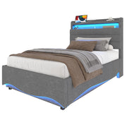Letto Contenitore 90x200 cm con LED; USB e Type-C; in Lino; Grigio