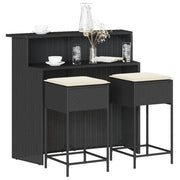 vidaXL Set Bar da Giardino 3 pz con Cuscini in Polyrattan Nero