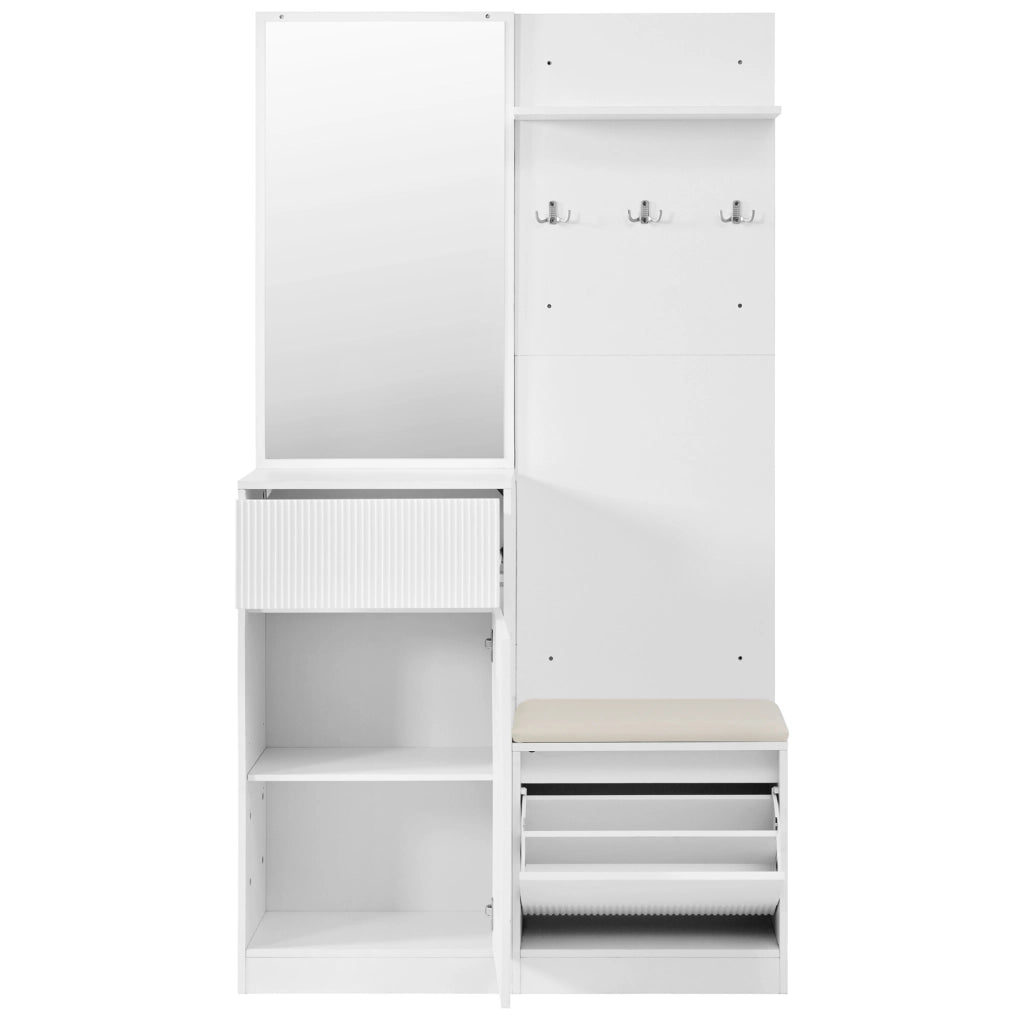Guardaroba compatto da ingresso con scarpiera; panca; specchio e LED controllabile via app; bianco