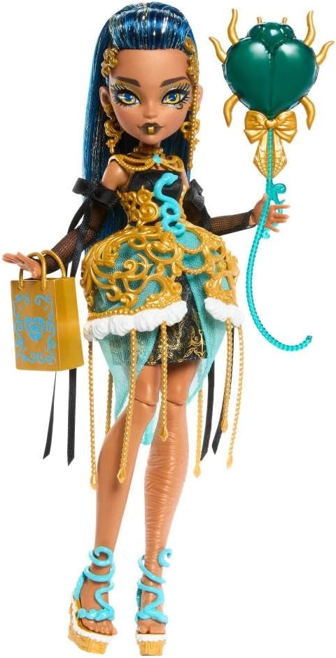 Monster High Scary Sweet Birthday Doll, Cleo De Nile in Golden Party Dress with Themed Accessories Like Invite, Balloon,