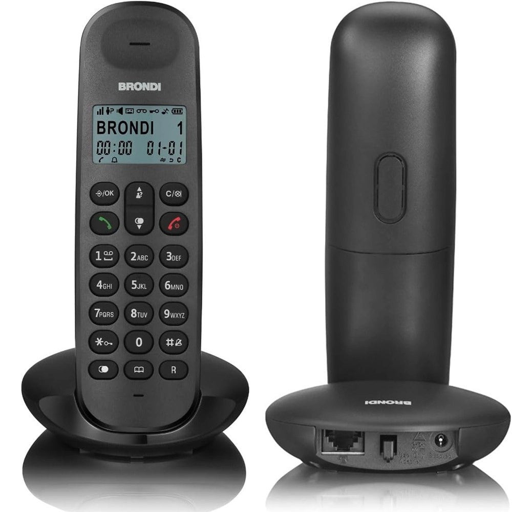 Trade Shop - Telefono Cordless Brondi Lotus Bianco Nero Retroilluminato Con Sveglia Vivavoce -