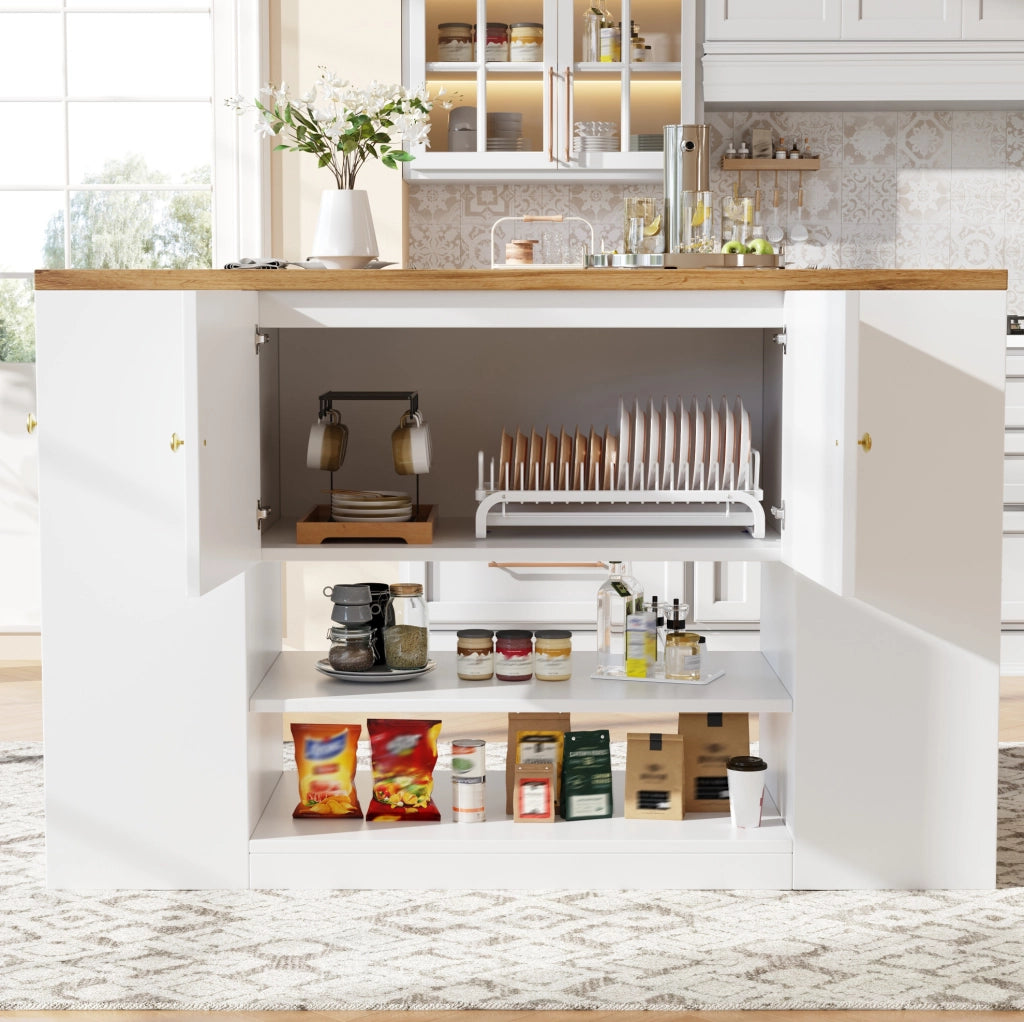 Isola cucina 140x70x90 cm con piano ribaltabile; ampio spazio contenitore in MDF e metallo; bianco