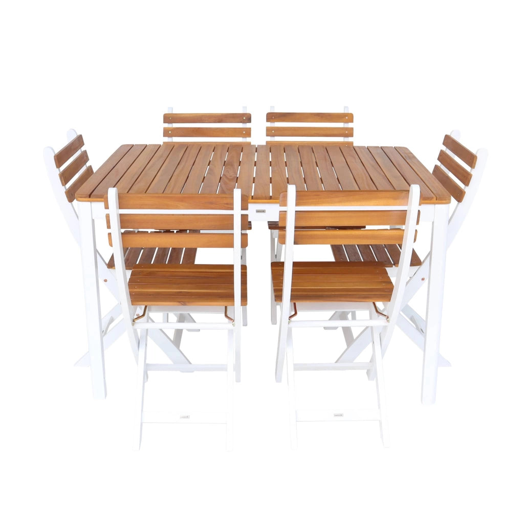 Set tavolo da giardino in acacia con angoli arrotondati con 6 sedie,